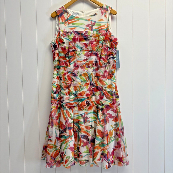 London Times Pleated Drop Waist Dress Women Sz. 14W Artsy Whimsical Abstract NWT - Picture 2 of 10